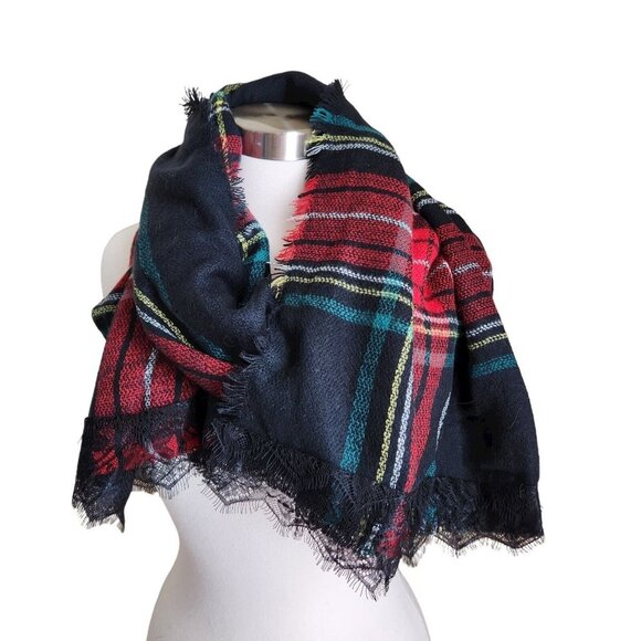 Betsey Johnson Womens Scarf‎ Wrap One Size Multicolor Check Fringe Travel Shawl - Picture 1 of 12